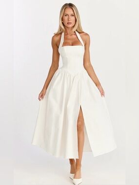 NWT Showpo HELDA White Halter Midi Dress with Front Slit size 2 Off White